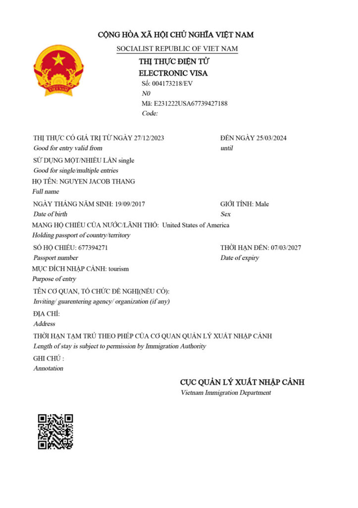 Vietnam emergency visa - sample of an approved Vietnam e-visa