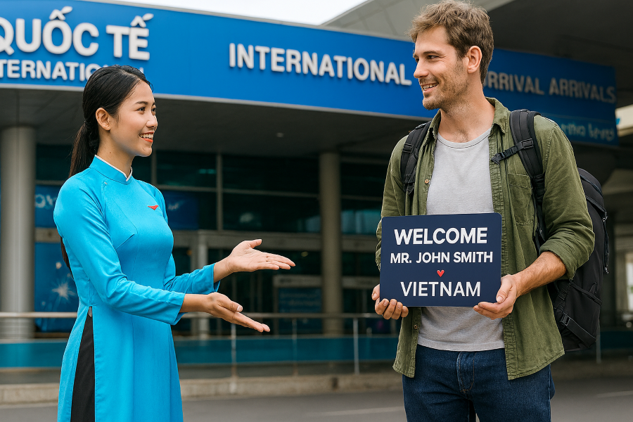KissTour team welcoming an international traveler at the arrivals hall in Vietnam
