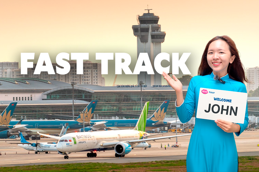 KissTour Fast Track Service at Tan Son Nhat Airport with staff welcoming passenger holding name sign