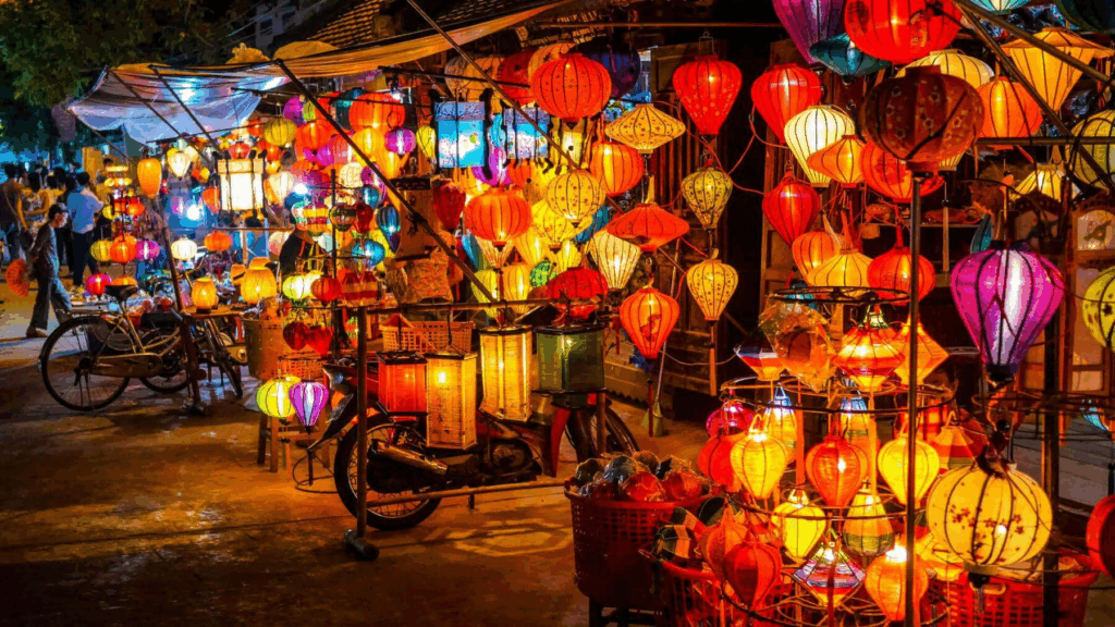 Lanterns illuminating Hoi An Old Town at night, Central Vietnam. The vibrant lantern market reflects the city’s charm and the spirit of the Hoi An Lantern Festival.
