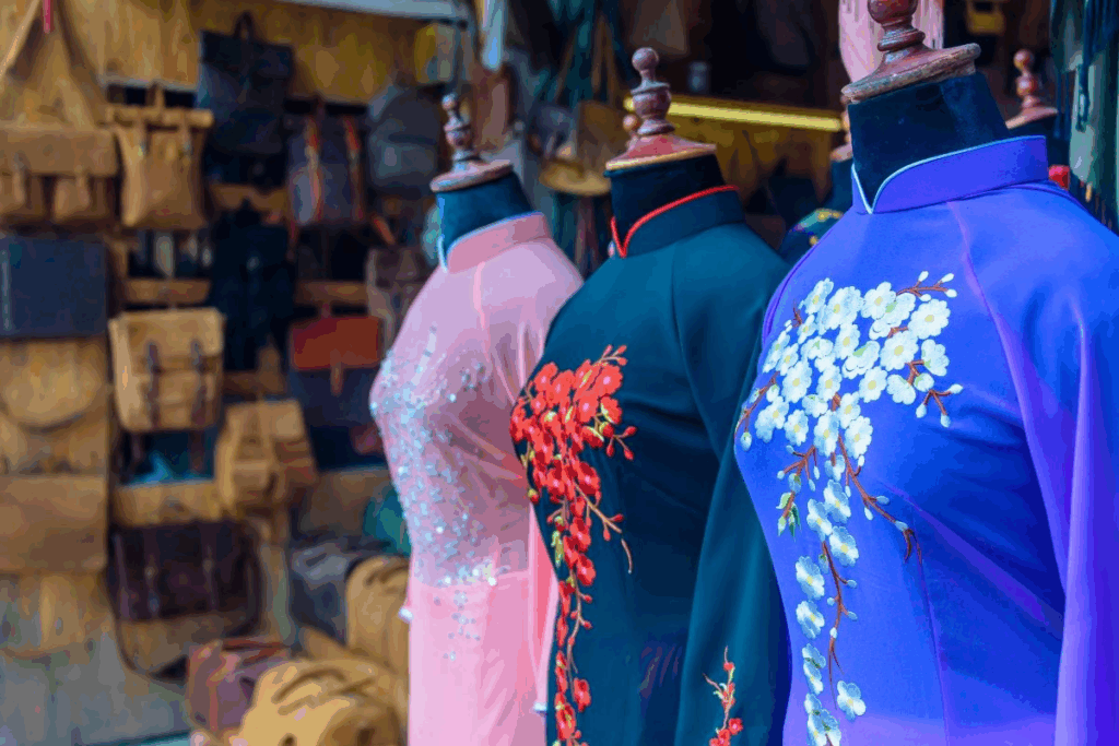 Colorful Ao Dai dresses displayed at a tailor shop in Hoi An, Central Vietnam. The city is famous for its skilled tailors and handmade clothing reflecting Vietnamese culture and craftsmanship.