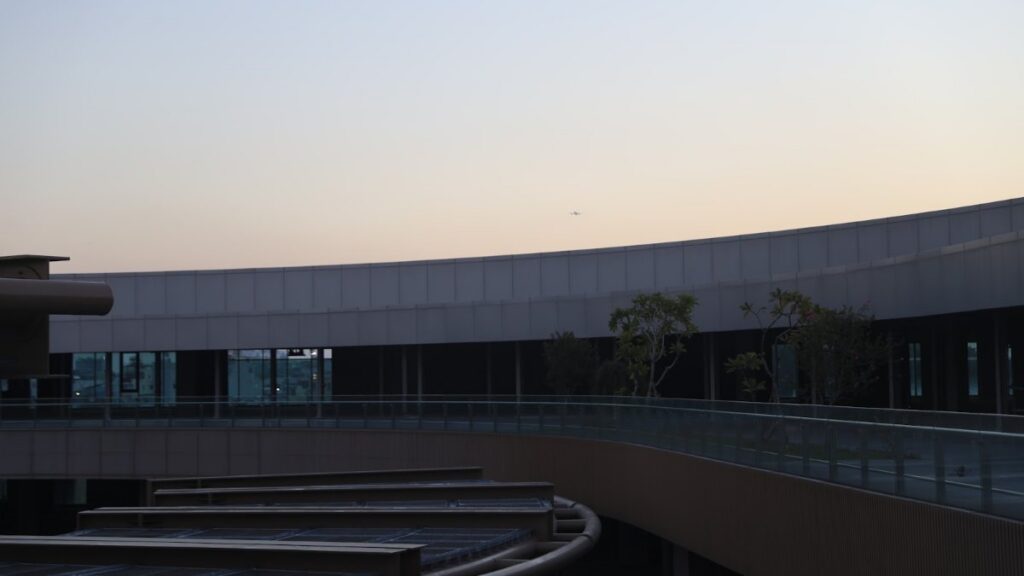 Airport terminal roofline at dusk, the view for travellers arriving in Vietnam at night