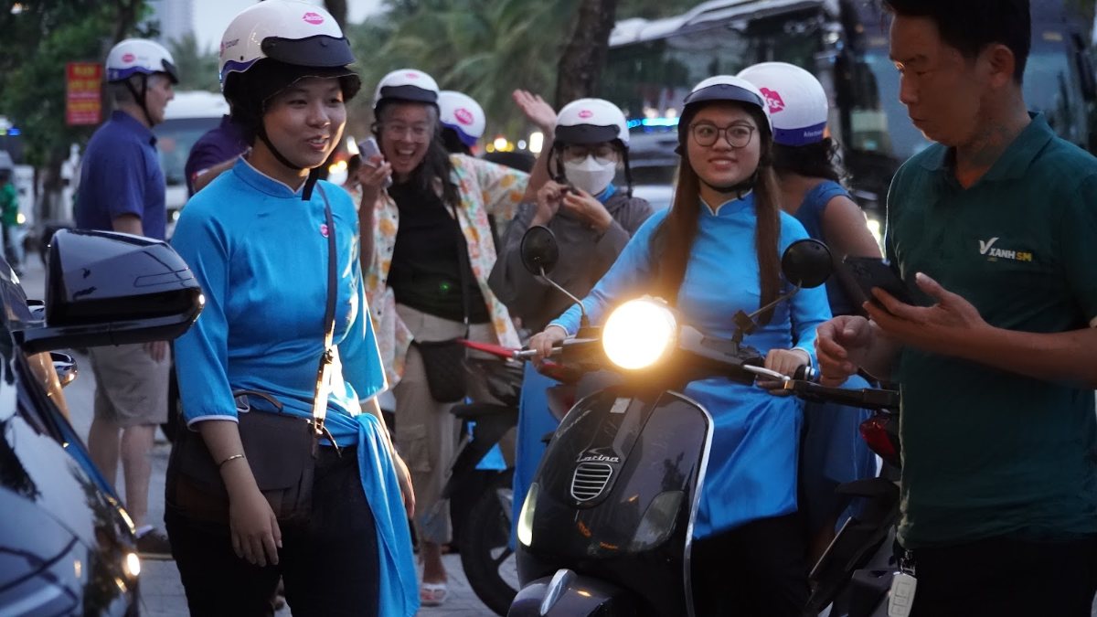 KissTour riders and guests in helmets before setting off, a common start to exploring Da Nang with kids