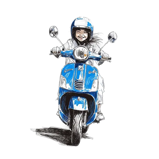 Illustration of a smiling KissTour lady driver on a scooter