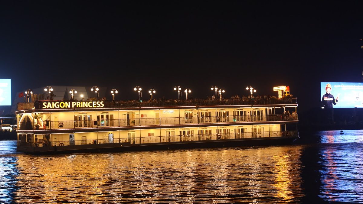 Saigon Princess dinner cruise moored near Bach Dang Wharf at night