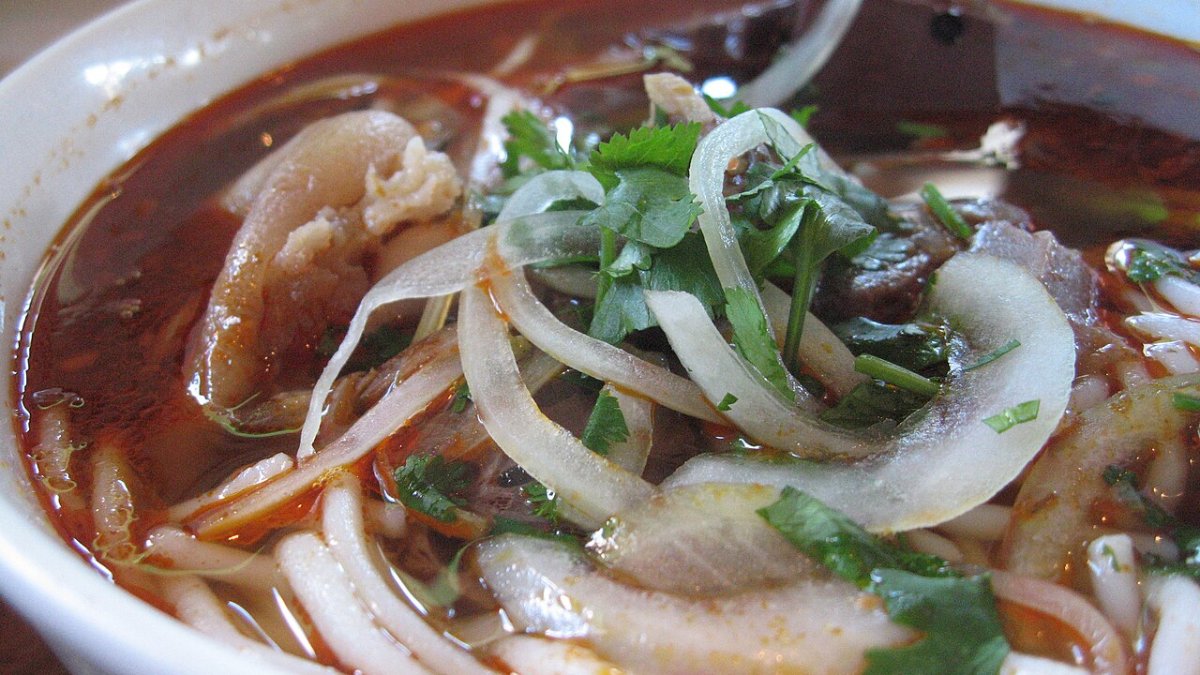Bun bo hue, a spicy beef and lemongrass noodle soup