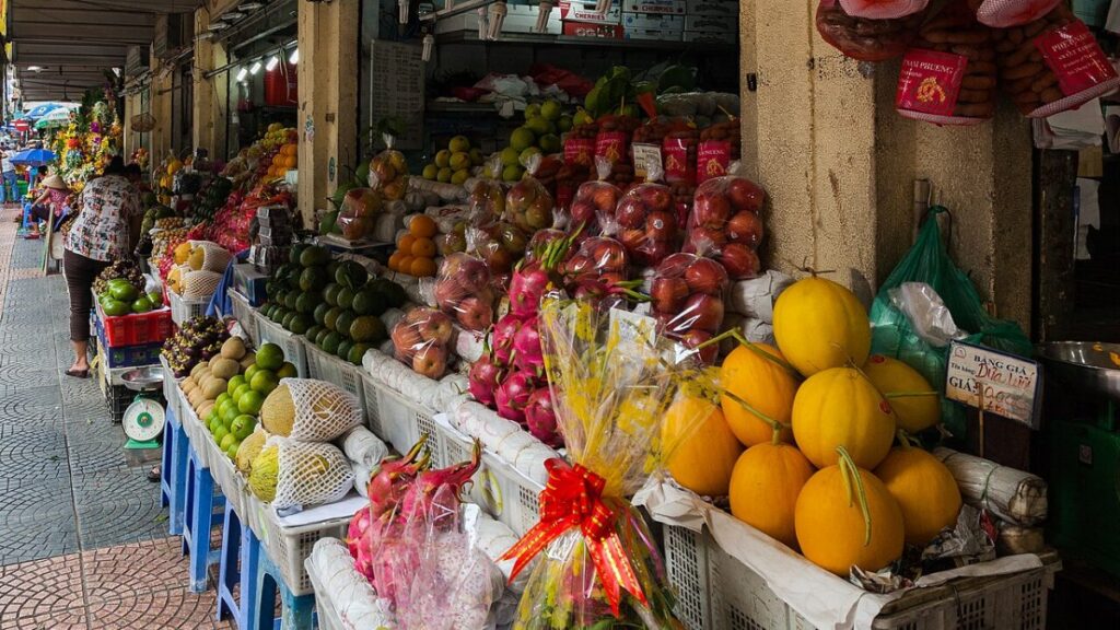 A fresh produce stall at a Ho Chi Minh City market, where daily living costs are low