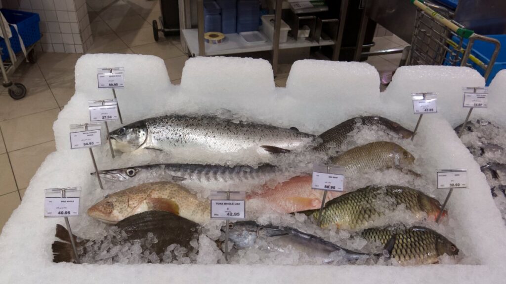 Fresh fish on ice at a Vietnamese seafood market