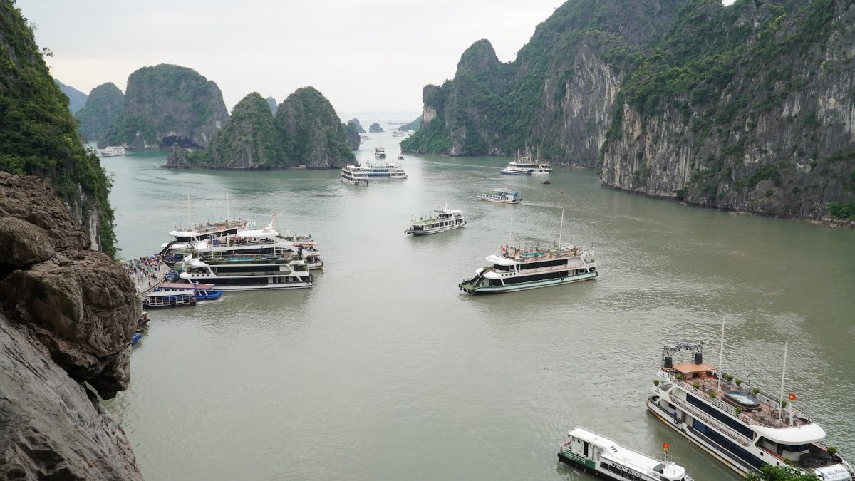 Cruise boats anchored among the karsts of Ha Long Bay