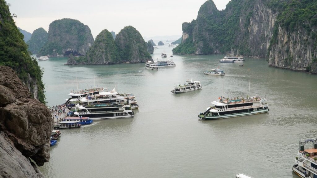 Cruise boats among the limestone karsts of Ha Long Bay, the choice between a day trip and an overnight cruise