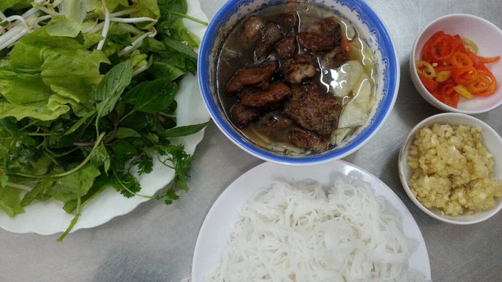 Bun cha, a classic Hanoi dish of grilled pork with noodles and herbs