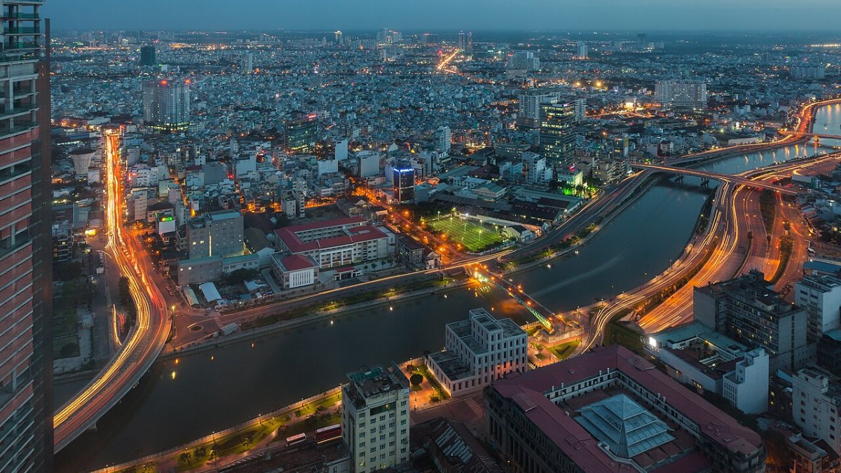 Night aerial view over Ho Chi Minh City from a rooftop