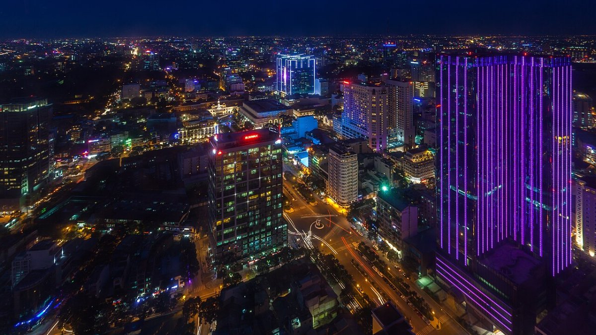 Ho Chi Minh City skyline lit up at night